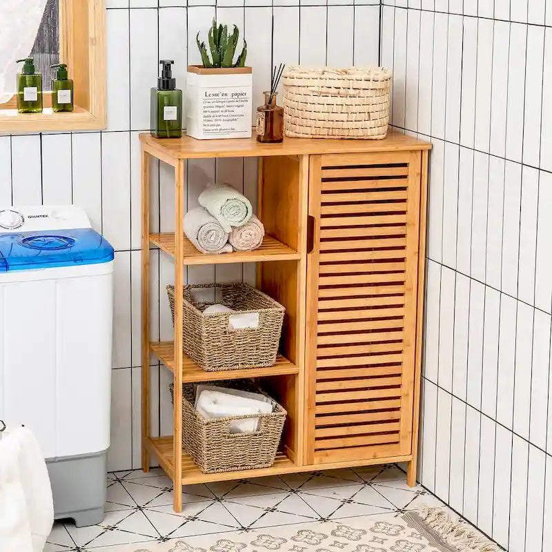 Costway Bathroom Cabinet Bamboo Storage Floor Cabinet w/ Single Door & - See Details