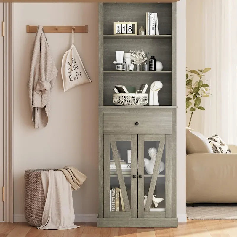 66.5  Tall Storage Cabinet, Bathroom Storage Cabinet with 5 Shelves & Drawer