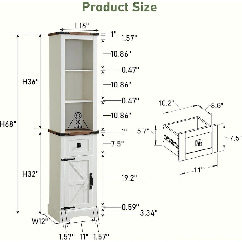 Farmhouse Slim Bathroom Storage Cabinet, 68  Tall Storage Cabinet