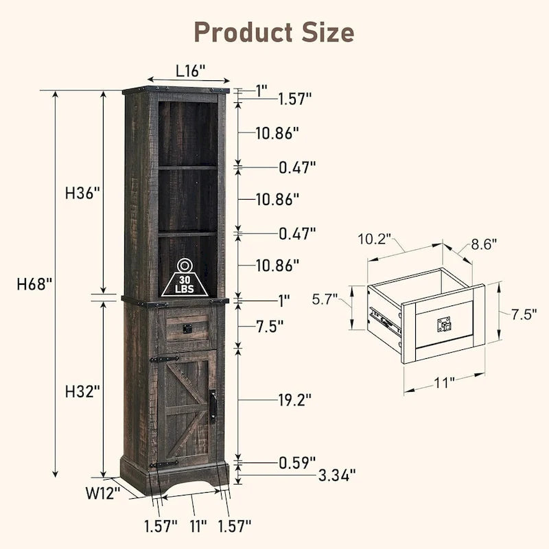 Farmhouse Slim Bathroom Storage Cabinet, 68  Tall Storage Cabinet