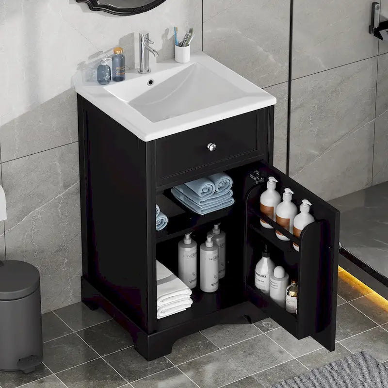20 Inch Bathroom Vanity With Ceramic Top Sink, Undermount Bathroom Sink Cabinet With 2-Tier Storage Rack And Shelves