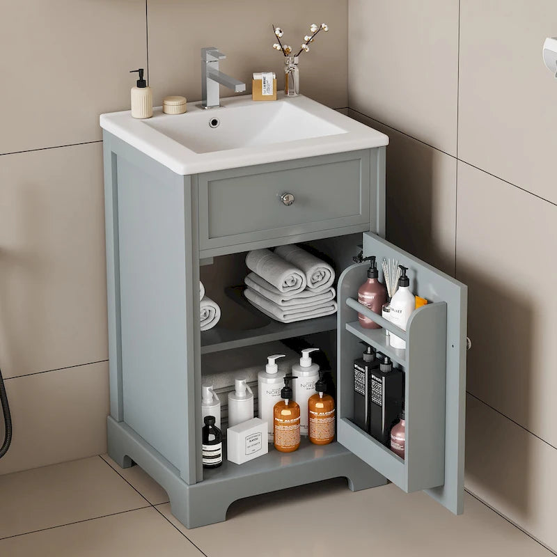 20 Inch Bathroom Vanity With Ceramic Top Sink, Undermount Bathroom Sink Cabinet With 2-Tier Storage Rack And Shelves