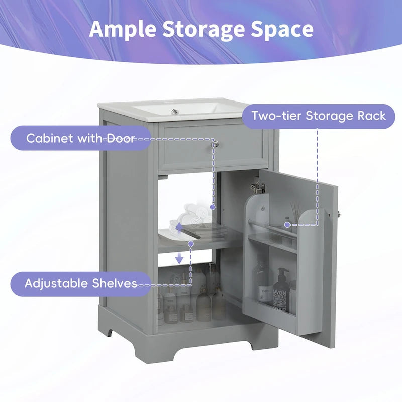 20 Inch Bathroom Vanity With Ceramic Top Sink, Undermount Bathroom Sink Cabinet With 2-Tier Storage Rack And Shelves