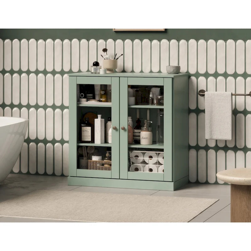 Palace Imports 100% Solid Wood 32  Bathroom Cabinet with Clear Glass Doors and Adjustable Shelves