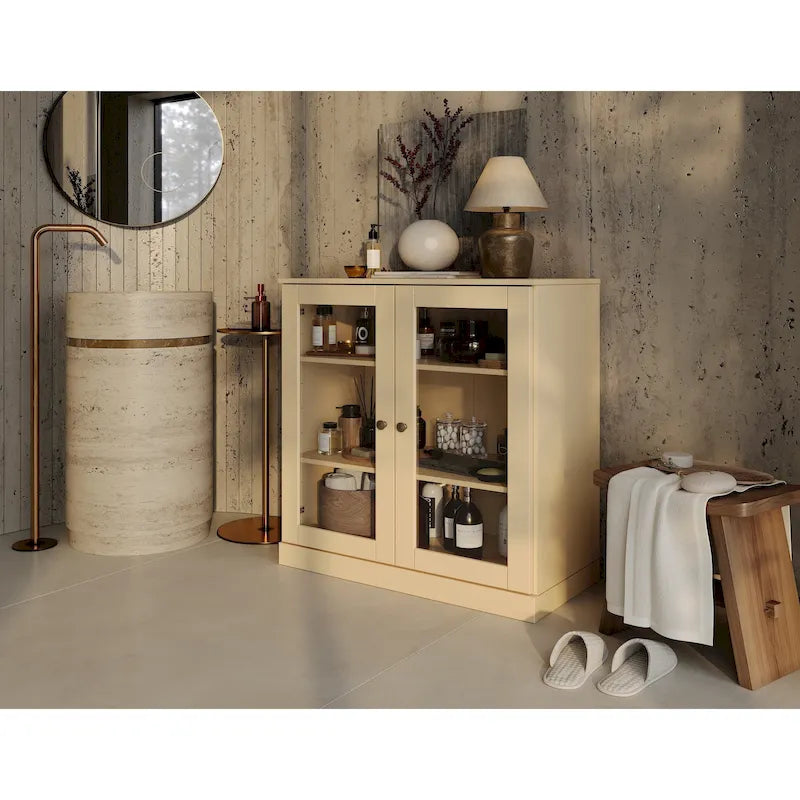 Palace Imports 100% Solid Wood 32  Bathroom Cabinet with Clear Glass Doors and Adjustable Shelves