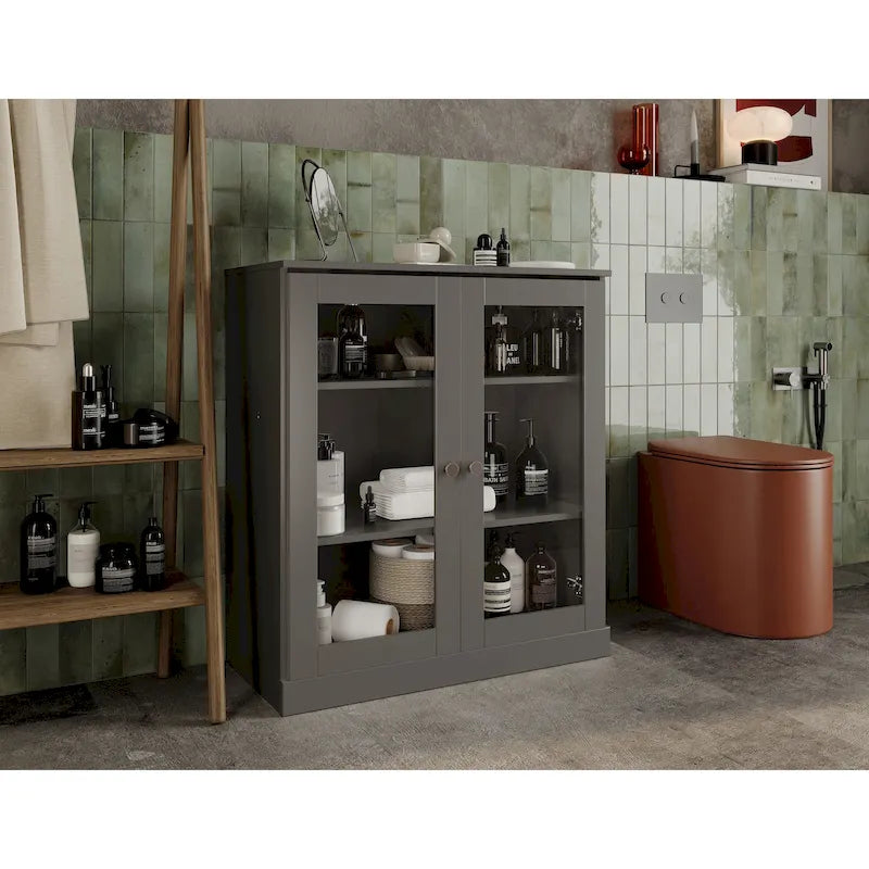 Palace Imports 100% Solid Wood 32  Bathroom Cabinet with Clear Glass Doors and Adjustable Shelves