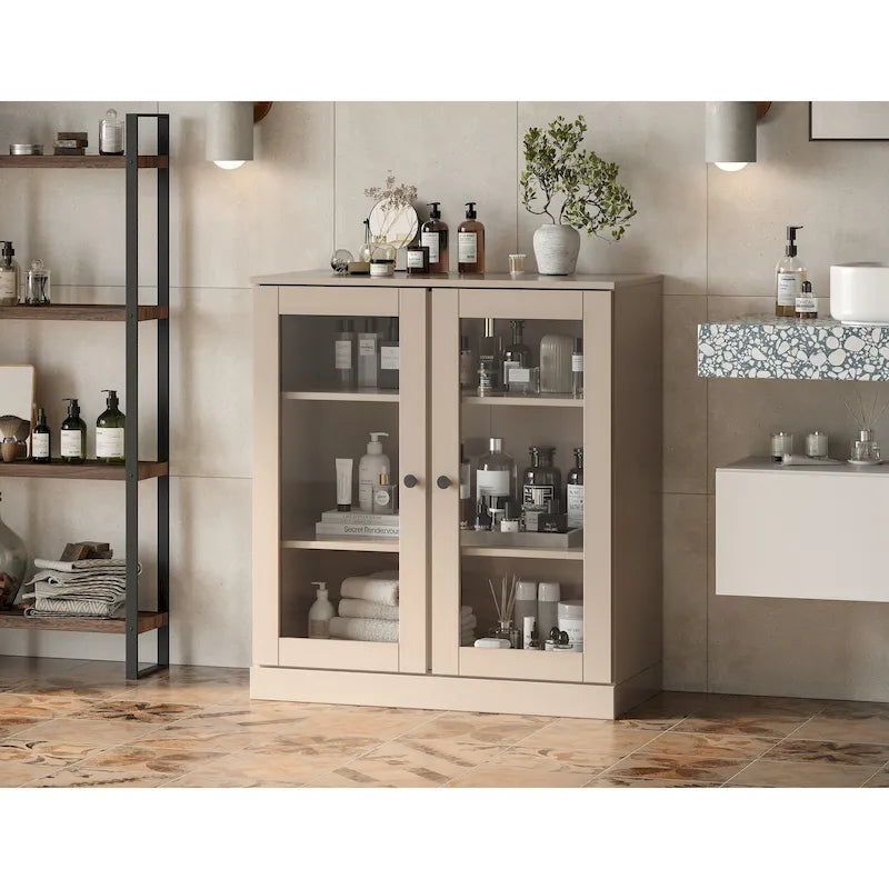 Palace Imports 100% Solid Wood 32  Bathroom Cabinet with Clear Glass Doors and Adjustable Shelves