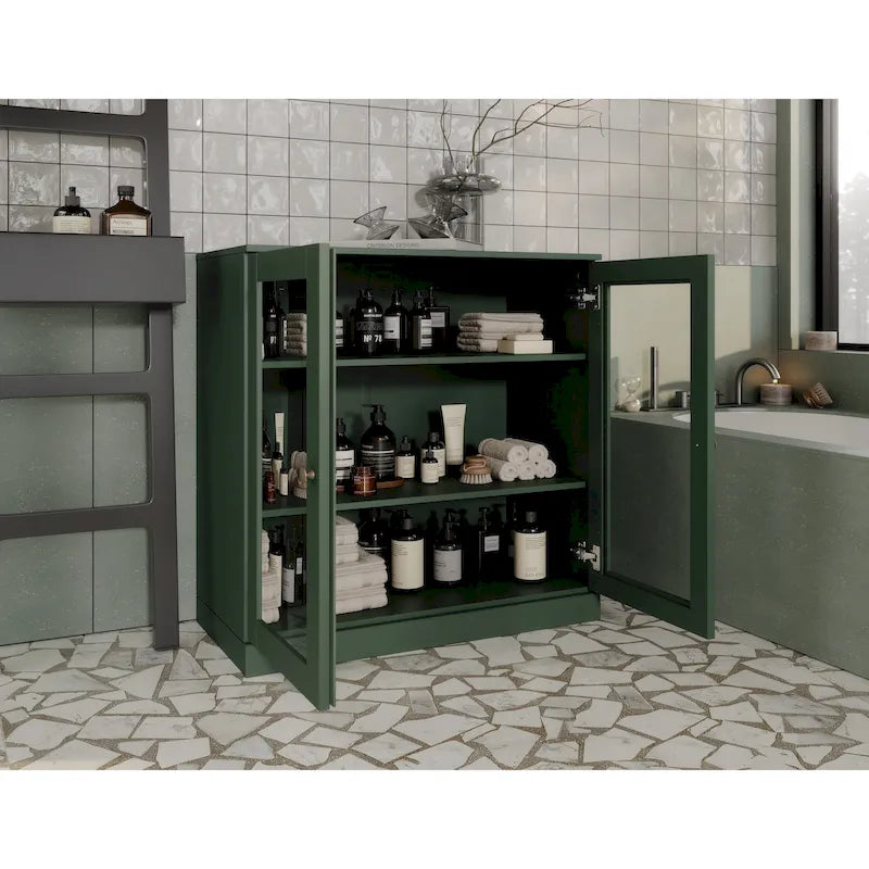 Palace Imports 100% Solid Wood 32  Bathroom Cabinet with Clear Glass Doors and Adjustable Shelves