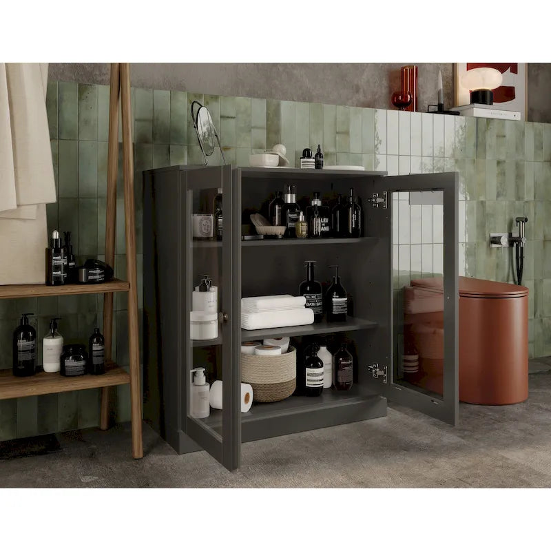 Palace Imports 100% Solid Wood 32  Bathroom Cabinet with Clear Glass Doors and Adjustable Shelves