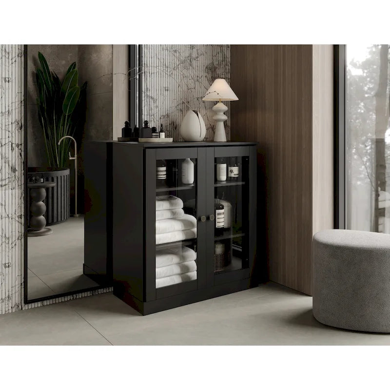 Palace Imports 100% Solid Wood 32  Bathroom Cabinet with Clear Glass Doors and Adjustable Shelves