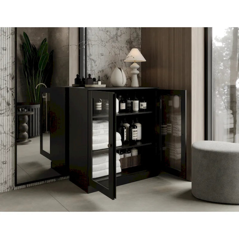 Palace Imports 100% Solid Wood 32  Bathroom Cabinet with Clear Glass Doors and Adjustable Shelves