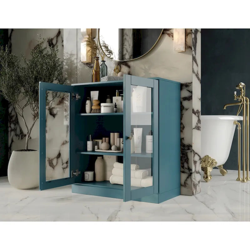Palace Imports 100% Solid Wood 32  Bathroom Cabinet with Clear Glass Doors and Adjustable Shelves