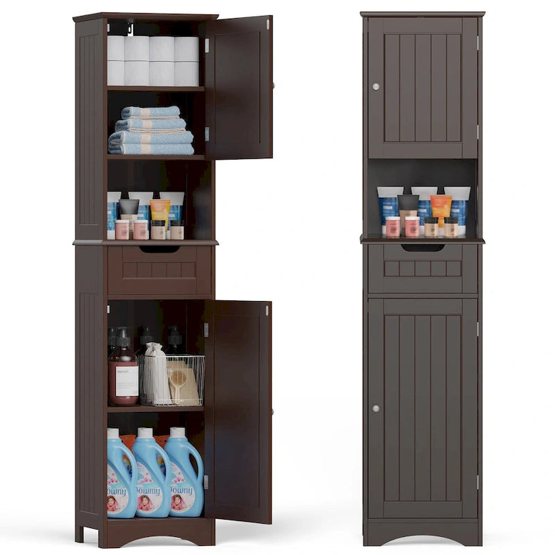 67  Tall Bathroom Narrow Linen Cabinet, 5 Tiers Solid Wood Freestanding Storage Cabinet