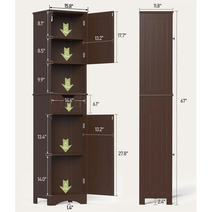67  Tall Bathroom Narrow Linen Cabinet, 5 Tiers Solid Wood Freestanding Storage Cabinet