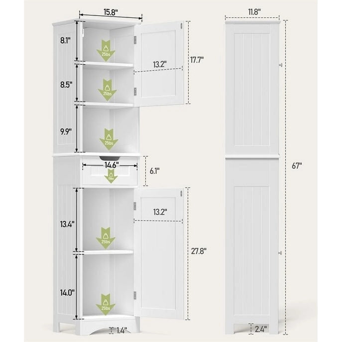 67  Tall Bathroom Narrow Linen Cabinet, 5 Tiers Solid Wood Freestanding Storage Cabinet