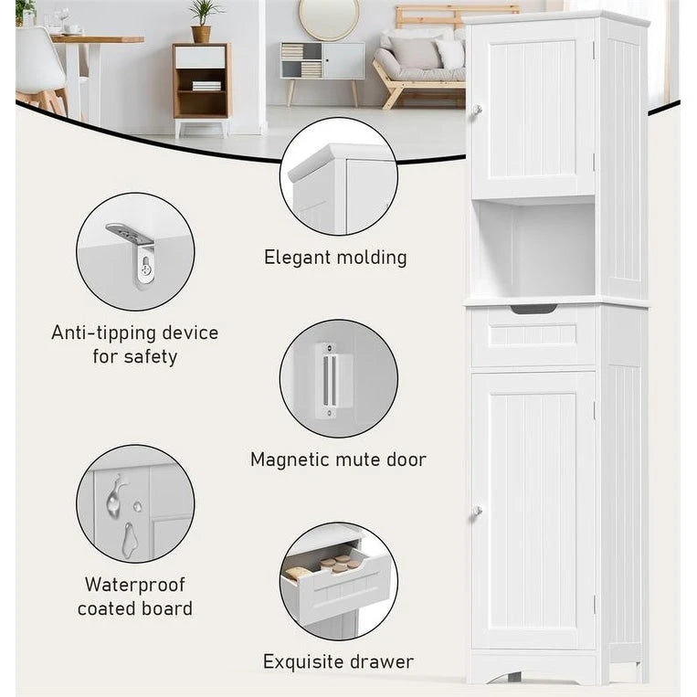 67  Tall Bathroom Narrow Linen Cabinet, 5 Tiers Solid Wood Freestanding Storage Cabinet