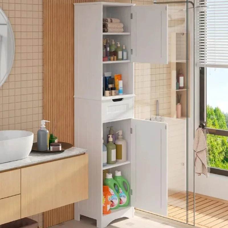 67  Tall Bathroom Narrow Linen Cabinet, 5 Tiers Solid Wood Freestanding Storage Cabinet