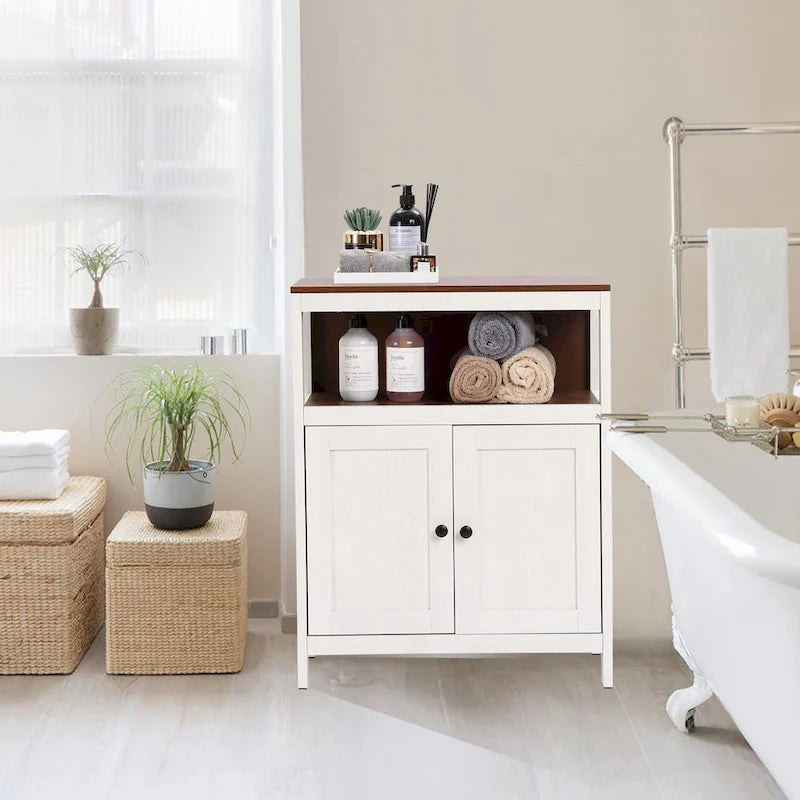 White and Brown Wood 2-Door Bathroom Storage Cabinet - 30.25  H x 23.63  W x 12.4  D