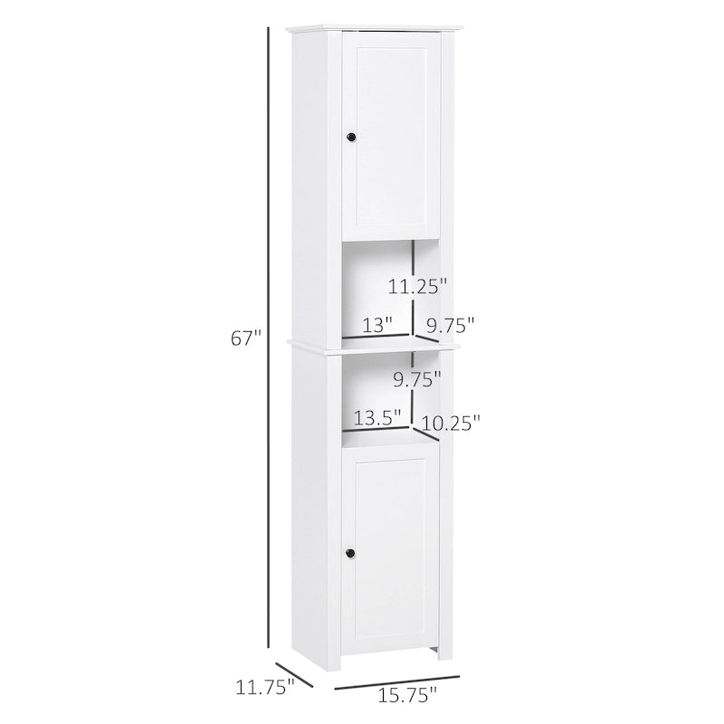HOMCOM Tall Bathroom Storage Cabinet, Freestanding Linen Tower with 2-Tier Shelf and 2 Cupboards, White