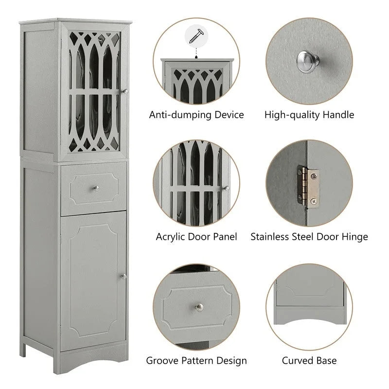 Slim Tall Bathroom Storage Cabinet with Adjustable Shelf, Drawer and 2 Doors, Freestanding Linen Tower