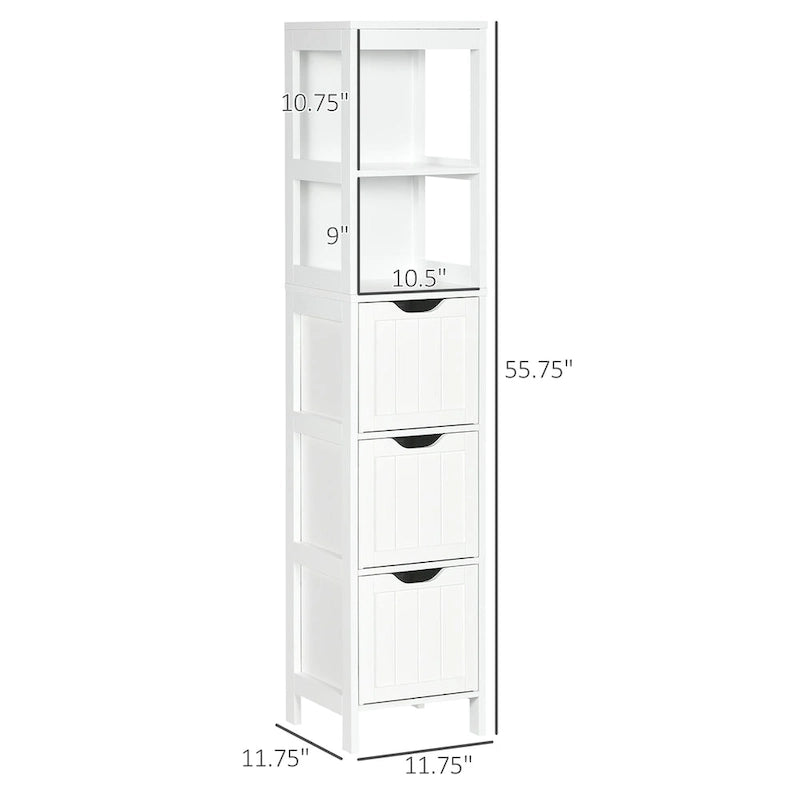 kleankin Narrow Bathroom Cabinet with 3 Drawers and 2 Tier Shelf, Tall Cupboard Freestanding Linen Tower, Slim Corner Organizer