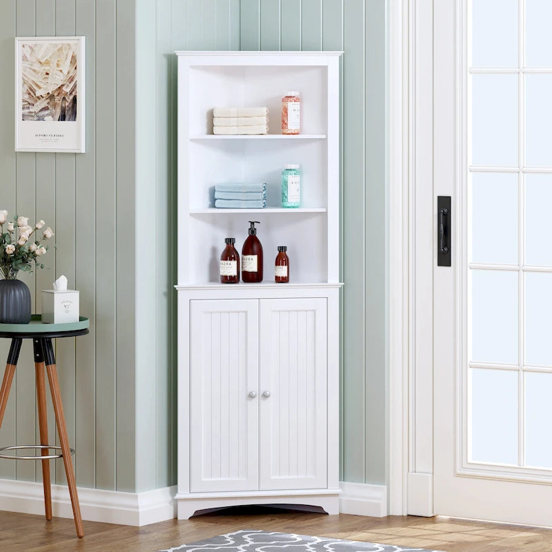 Spirich -Bathroom Storage,Tall Corner Cabinet with 2 Doors and 3 Tier Shelves,White