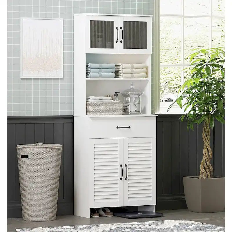 Spirich Freestanding Cabinet with Top Bottom Enclosed Cabinet Space Tall Cabinet with Doors and Drawer Whtie