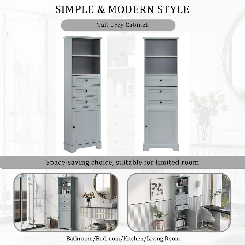 Modern White Storage Cabinet with 3 Drawers and Adjustable Shelves for Bathroom, Kitchen and Living Room