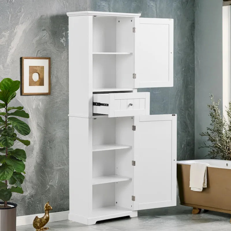 Tall Bathroom Storage Cabinet, Freestanding Storage Cabinet with Drawer and Adjustable Shelf, MDF Board with Painted Finish