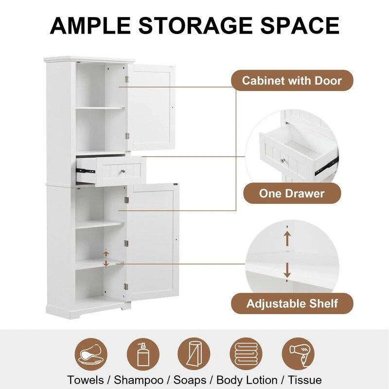 Tall Bathroom Storage Cabinet, Freestanding Storage Cabinet with Drawer and Adjustable Shelf, MDF Board with Painted Finish