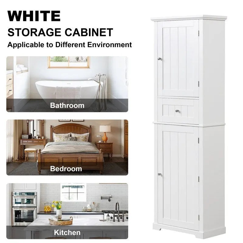 Tall Bathroom Storage Cabinet, Freestanding Storage Cabinet with Drawer and Adjustable Shelf, MDF Board with Painted Finish