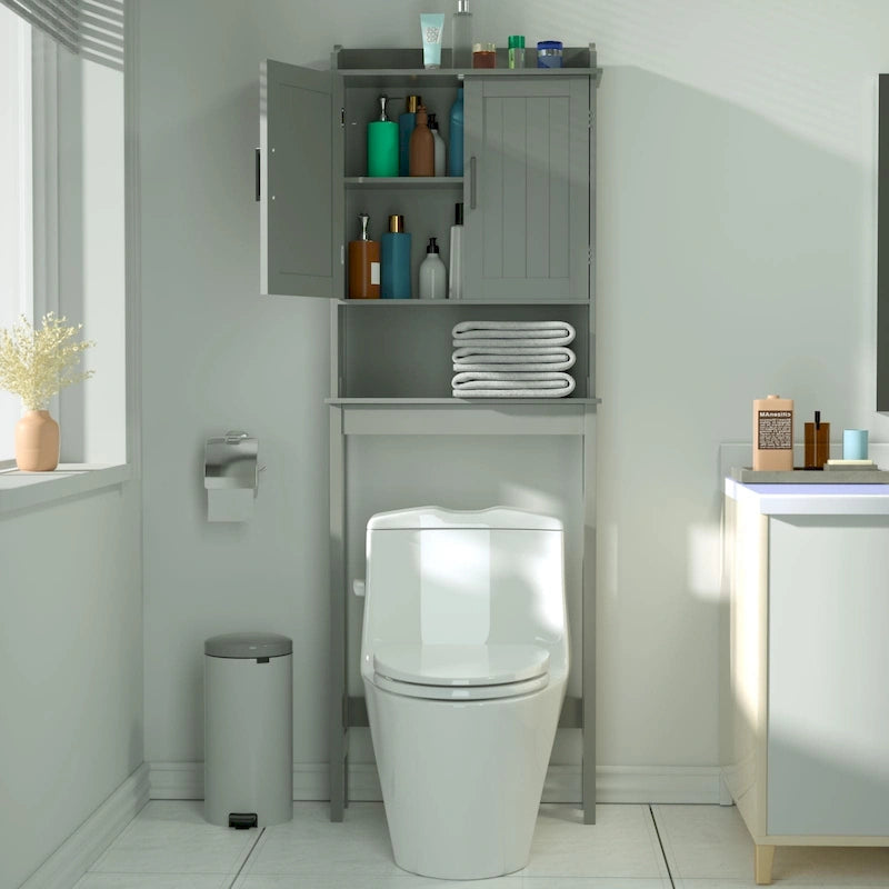 VEIKOUS Bamboo Over The Toilet Storage Cabinet Cupboard Bathroom Organizer with Adjustable Shelf and Double Doors