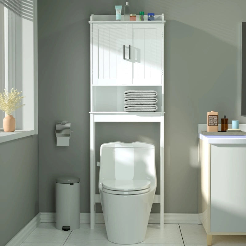 VEIKOUS Bamboo Over The Toilet Storage Cabinet Cupboard Bathroom Organizer with Adjustable Shelf and Double Doors