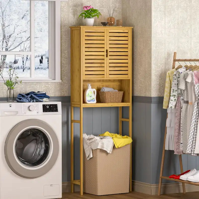 VEIKOUS Bamboo Over The Toilet Storage Cabinet Cupboard Bathroom Organizer with Adjustable Shelf and Double Doors
