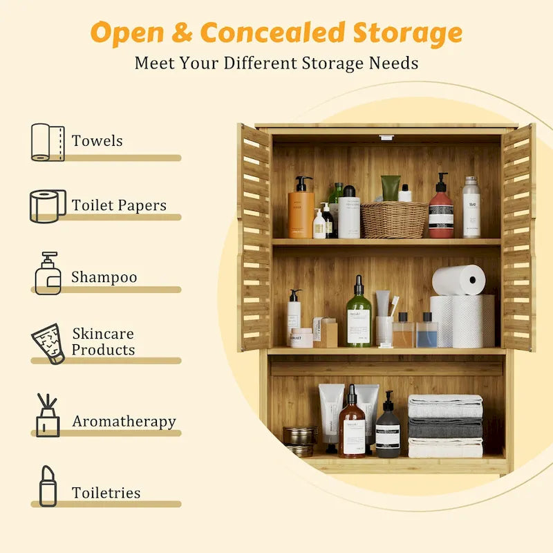 VEIKOUS Bamboo Over The Toilet Storage Cabinet Cupboard Bathroom Organizer with Adjustable Shelf and Double Doors