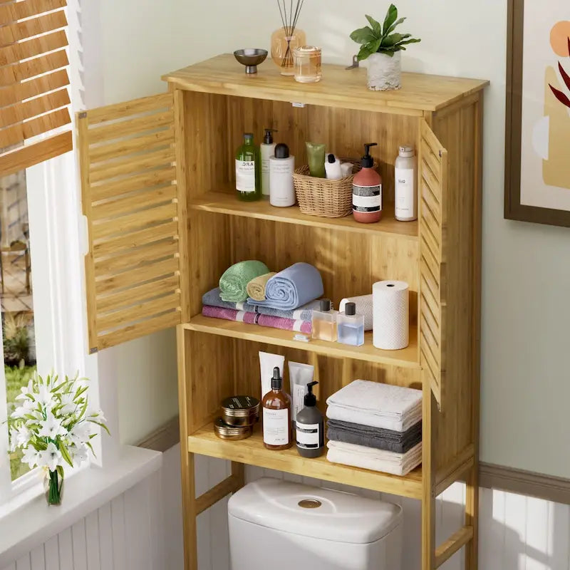 VEIKOUS Bamboo Over The Toilet Storage Cabinet Cupboard Bathroom Organizer with Adjustable Shelf and Double Doors