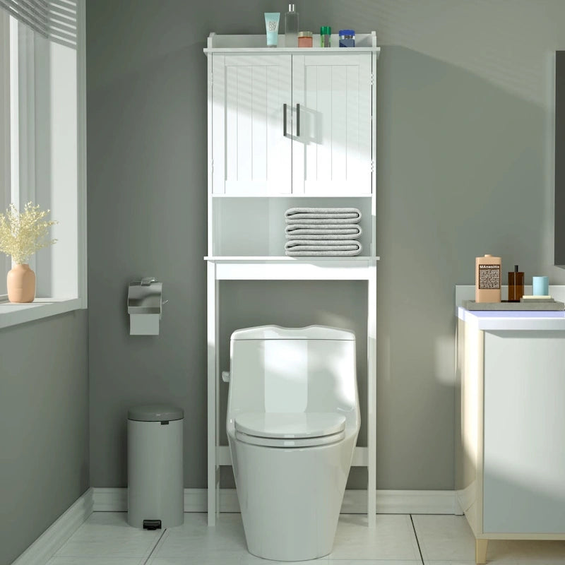 VEIKOUS Bamboo Over The Toilet Storage Cabinet Cupboard Bathroom Organizer with Adjustable Shelf and Double Doors