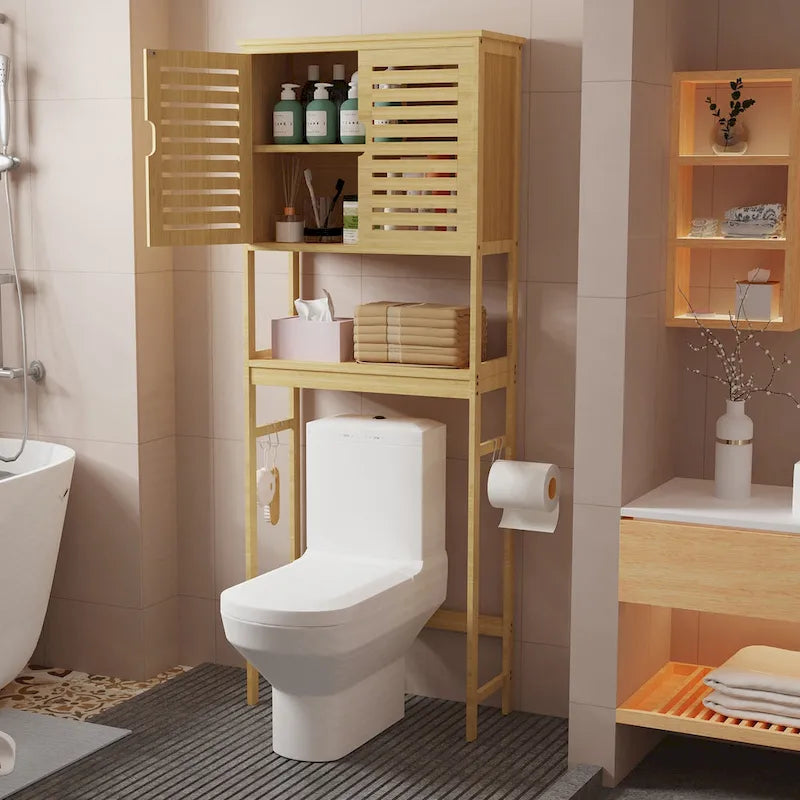 Over The Toilet Storage Bamboo Toilet Rack With Open Shelf and Cabinet