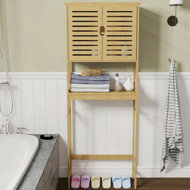 Over The Toilet Storage Bamboo Toilet Rack With Open Shelf and Cabinet