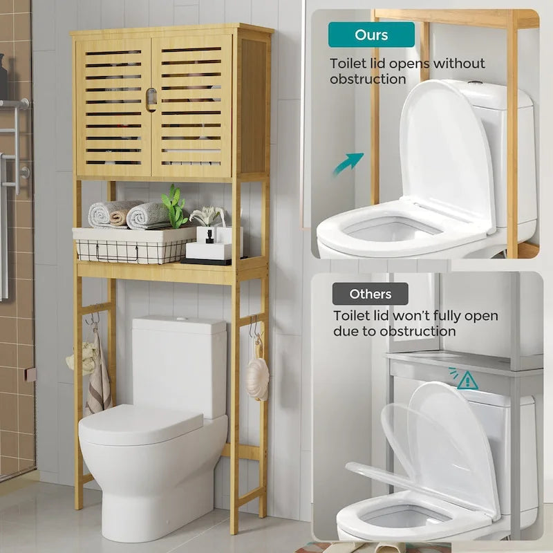 Over The Toilet Storage Bamboo Toilet Rack With Open Shelf and Cabinet