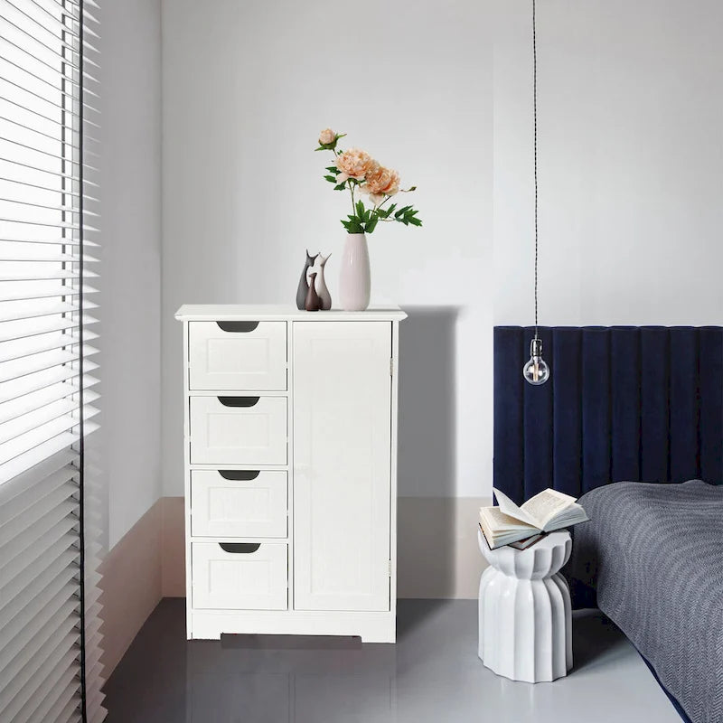 White Wood 4-Drawer 1-Door Bathroom Storage Cabinet - 32.68  H x 22.05  W x 11.81  D