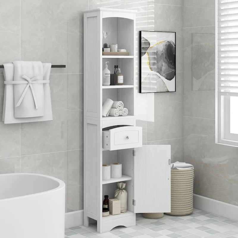 Modern White Bathroom Storage Cabinet with Adjustable Shelf,Drawer - 13.4 L x 9.1 W x 66.9 H