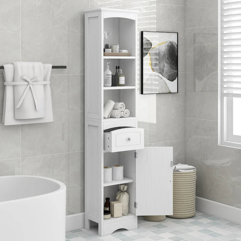 Modern White Bathroom Storage Cabinet with Adjustable Shelf,Drawer - 13.4 L x 9.1 W x 66.9 H