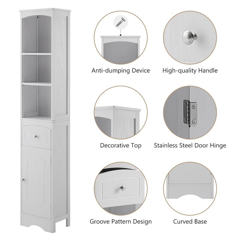 Modern White Bathroom Storage Cabinet with Adjustable Shelf,Drawer - 13.4 L x 9.1 W x 66.9 H