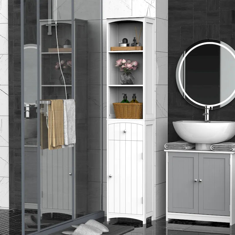 HOMCOM 67  Tall Bathroom Storage Cabinet, Freestanding Linen Tower with 3-Tier Shelf, Narrow Side Floor Organizer, White
