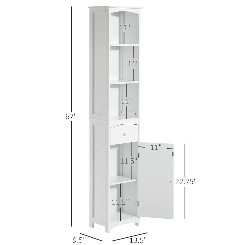 HOMCOM 67  Tall Bathroom Storage Cabinet, Freestanding Linen Tower with 3-Tier Shelf, Narrow Side Floor Organizer, White