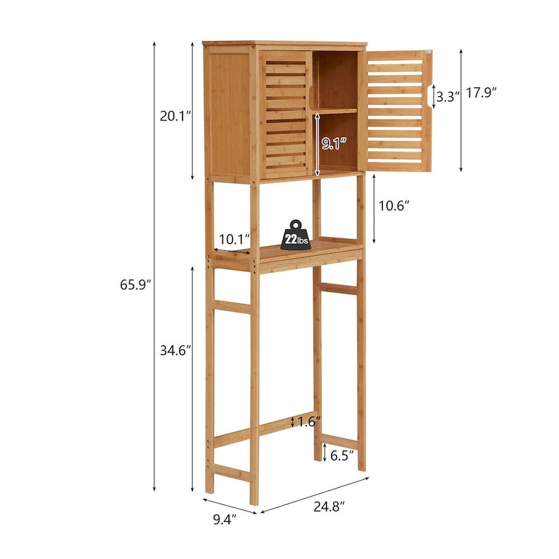 Kinbor Bamboo Over-The-Toilet Organizer Cabinet, Bathroom Storage Shelf with Doors and Shelves Freestanding Space Saver