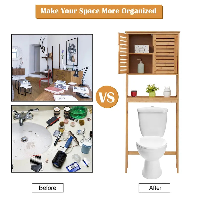 Kinbor Bamboo Over-The-Toilet Organizer Cabinet, Bathroom Storage Shelf with Doors and Shelves Freestanding Space Saver