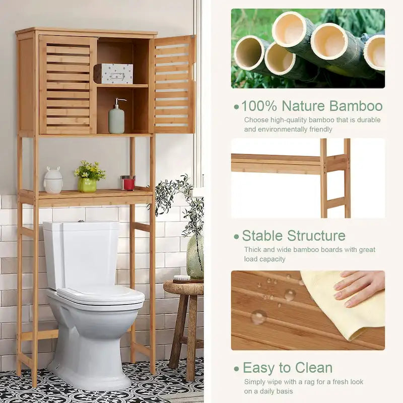 Kinbor Bamboo Over-The-Toilet Organizer Cabinet, Bathroom Storage Shelf with Doors and Shelves Freestanding Space Saver