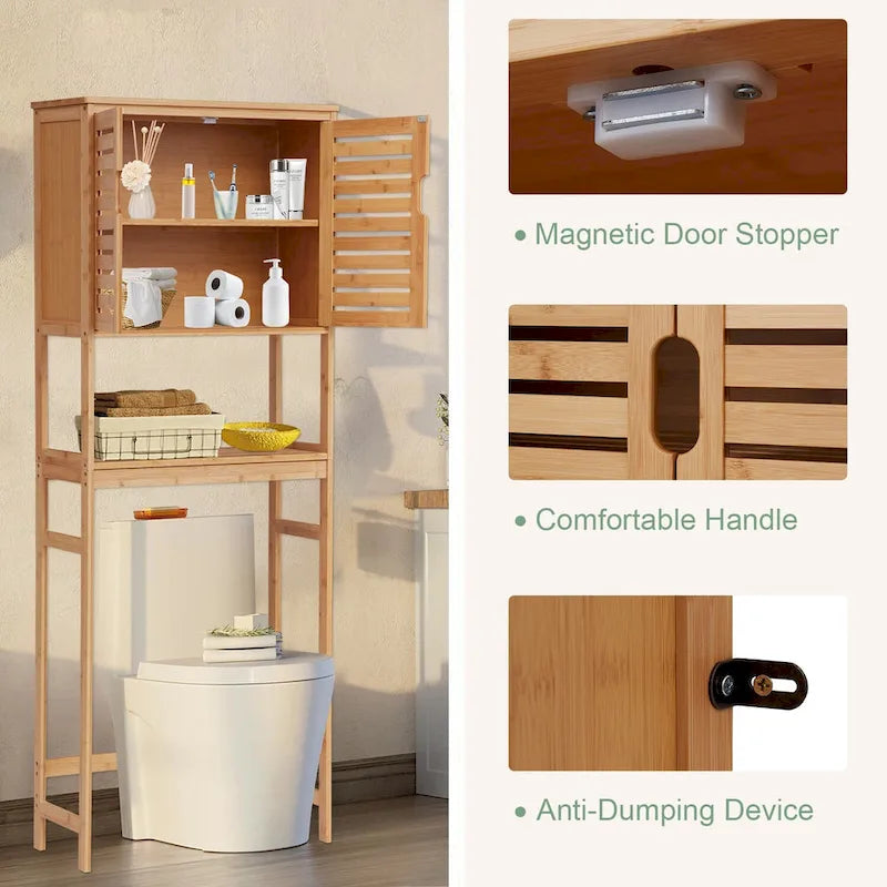 Kinbor Bamboo Over-The-Toilet Organizer Cabinet, Bathroom Storage Shelf with Doors and Shelves Freestanding Space Saver